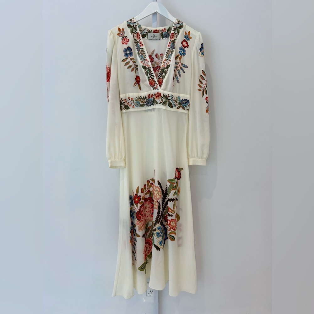 ETRO IVORY WHITE FLORAL LONG SLEEVE DRESS SIZE IT 44 / US 8